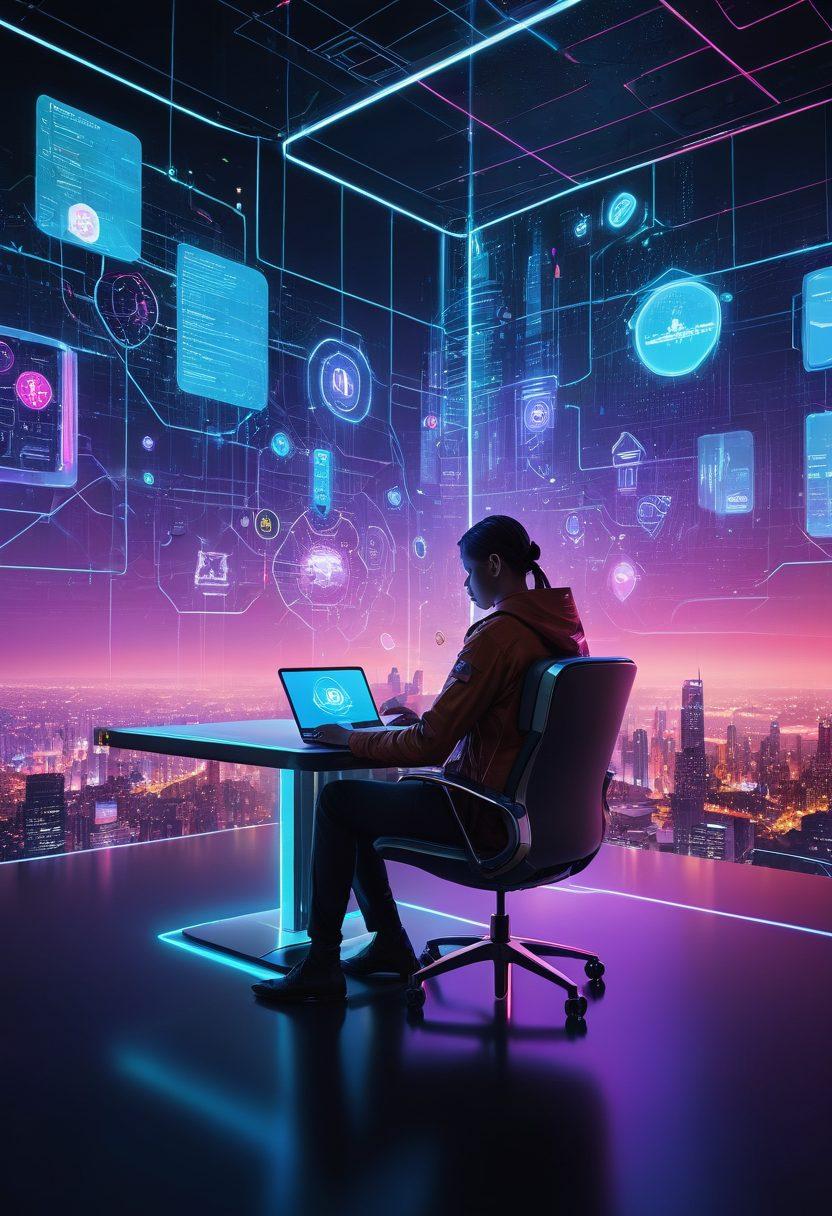 A futuristic digital landscape depicting a person comfortably browsing insurance policies on a sleek holographic interface. Include floating icons representing diverse insurance options like health, travel, and auto. The background should feature abstract, floating cities and interconnected networks symbolizing technology and security. The overall atmosphere should feel optimistic and tech-savvy. vibrant colors. cyberpunk.