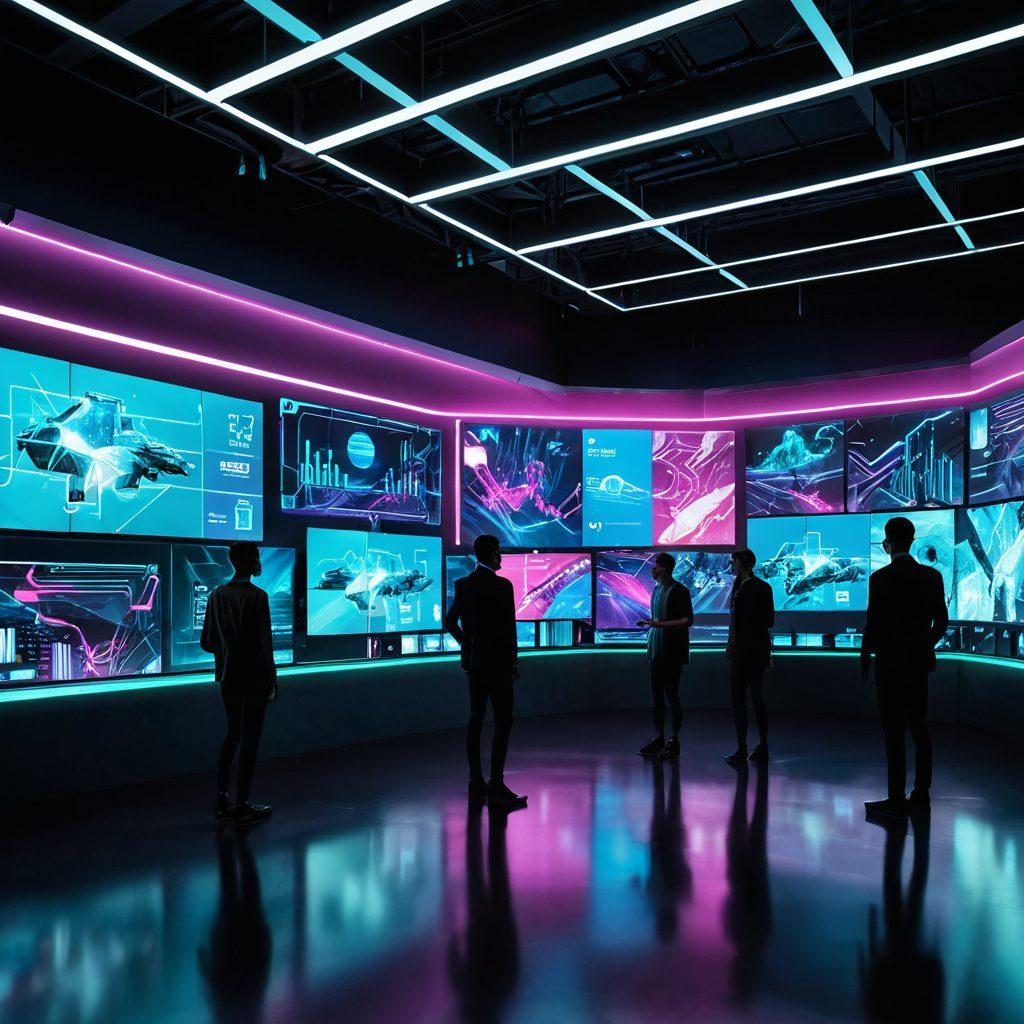 A futuristic digital landscape showcasing various insurance options displayed on holographic screens, with a diverse group of people interacting with the technology. Incorporate symbols of flexibility such as shifting gears or bending pathways. Use a modern, sleek design to highlight the innovative aspect of digital coverage. Bright, engaging colors for a dynamic look. cyberpunk. vibrant colors. 3D.